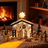 Krippenfiguren Set – Weihnachtskrippe Mit Beleuchtung, 13Pcs Handbemalt Krippe Weihnachten – Weihnachtskrippe Komplettset Mit Jesus Figur, Nativity Scene Set, Christliche Deko & Weihnachtsdeko Indoor