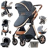 3 in 1 Kombikinderwagen 3 in 1 Infant Reisesysteme Hochlandschaft Kinderwagen Liegender Buggy Kinderwagen Neugeborenen Kinderwagen Faltbarer Standardkinderwagen (225 Blue)