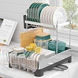 Kitsure Abtropfgestell Geschirr – 2-Tier rostfreies Abtropfgestell mit Besteck- und Tassenhaltern, platzsparendes Geschirrabtropfgestell für Küchenarbeitsplatten, 38,6 x 32,0 x 44,5 cm, Dunkelgrau