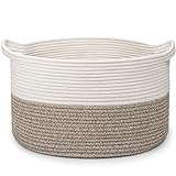 Virklyee Baumwolle Seil Korb Wäschekorb Geflochten 32L Wäschekorb für Decken Φ40 x H25 Vielseitiger Aufbewahrungskorb Faltbare Wäschesammler mit 2 Griffen, für Spielzeug und Kleidung(Weiß+Braun)
