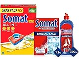 Somat All in 1 Spülmaschinen Tabs (100 Tabs), strahlende Sauberkeit, kraftvoll gegen Eingetrocknetes & Somat Klarspüler, Extra-Trocken Effekt, Glanz | 750 ml (1er Pack) & Somat Spezial Salz 1,2Kg