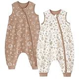 Unnivoll Baby Schlafsack mit Füßen 1,0 Tog Schlafsack Baby Sommer 2er Pack Baumwolle Schlafsack mit Beinen Babyschlafsack Weich 70 cm für Jungen Mädchen Beige Sonne
