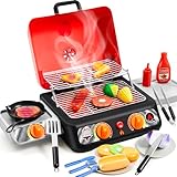 PLAY-ACT Großes 2-Lagiges Kinder Grill Spielzeug Küche Zubehör, Grill Mit Spielküche Zubehör Vorgetäuschtem Rauch/Licht/Geräusch, Kindergrill Geschenkküche für Jungen und Mädchen