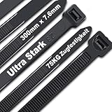 Kabelbinder Schwarz 300 mm x 7,6 mm, UV-Beständig ultra stark Kabelbinder mit 75 kg Zugfestigkeit, 100 Stück