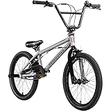 Bullseye Project 301 BMX für Mädchen Jungen 145 cm mit 4 Pegs und 360° Rotor, Einsteiger Fahrrad 20 Zoll Kinder Jugendliche Unisex mit Bremsen und Kettenschutz (23 cm, Silber/rot)