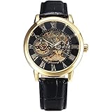 MASTOP Mechanische Automatikuhren für Herren, Luxus-Retro-Design, Leder, Skelett, mechanische Herrenuhren, Schwarz Gold, Mechanisch