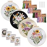 SUNOYA 4 Stück Stickset Embroidery Kit, Stickerei Set Anfänger, Sticken Set Erwachsene, Stick Sets zum Sticken Anfänger Stickbilder Vorgedruckt Kreuzstich mit Blumenmuster für DIY Kunst, Handwerk