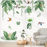 decalmile Wandtattoo Tropische Blätter Pflanzen Wandaufkleber Hängende Rebe Grün Palmen Blätter Vögel Wandsticker Kinderzimmer Wohnzimmer Schlafzimmer Flur Wanddeko