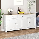 Kehun Sideboard Weiss für Wohnzimmer und Esszimmer, Kommode Schrank Buffetschrank 160x37x75 cm mit 4 Türen und 3 Stauraum Schubladen, Natur & Weiß