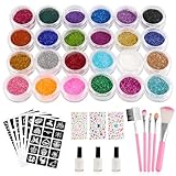 Glitzer Tattoo Set Kinder, Temporäre Glitzertattoos Kinder Set, 24 Farben Glitter Tattoo, 123 Schablonen, 3 Blätter Glitzersteine Gesicht, 5 Pinsel, 3 Kleber, Glitzer Make Up Kit für Mädchen Jungen