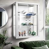 K-Möbel Hängevitrine Glas (80x60x25cm) - Made in Germany - Glasvitrine hängend mit 2 höhenverstellbaren Glasböden aus ESG in Weiss - Schrank mit Glastüren - Wandvitrine - Cabinet