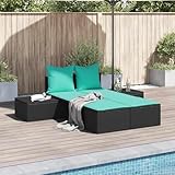 Qnhdfrt Doppel-Sonnenliege Schwarz Polyrattan mit Türkis Polster 104x162x30 cm UV-beständig klappbar Outdoor für Garten Balkon und Strand