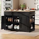VSOGA Kücheninsel, Küchenwagen mit Steckdosenleiste ausgestattet, Küchenschrank, Servierwagen mit arbeitsplatte, buffetschrank, Speisewagen mit Holzmaserung, buffetschrank,Schwarz