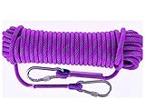 QHY Outdoor-Kletterseil, 10 mm, statisches Kletterseil, Kletterseil, Flucht, Eiskletterausrüstung, Feuerrettung, Fallschirmseil mit 2 Stahlhaken (Farbe: Lila, Größe: 10 m x 10 mm)