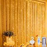 Amzeeniu Lichtervorhang 3m X 3m,300 LEDs USB Lichterkettenvorhang 8 Modi mit Fernbedienung,10 Haken,LED Lichterketten,Timer IP44,String Light für Weihnachten Party, Innenbeleuchtung(Warm White)