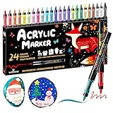 WINSONS Acrylstifte 24 Farben，Wasserfest Permanent Marker mit Pinselspitze, Ungiftig Acrylmarker für Stein Holz Leinwand Kunsthandwerk