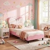 Kinderbett, 90 x 200 cm, Prinzessinnenbett, gepolstert, mit Kopfteil, höhenverstellbar, in Schmetterlingsform, Lattenrost, Einzelbett für Mädchen, Jugendliche, Samt, ohne Matratze, rosa