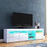 LED TV Schrank Modernes Hochglanz TV Board mit 3 Türen & Glasböden Fernsehschrank für Wohnzimmer Schlafzimmer Möbel, Weiß, 180 x 35 x 53 cm