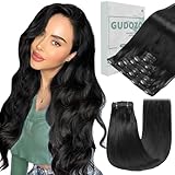 GUDOZO Clip in Extensions Echthaar 7pcs 35cm Natürliches Schwarz Invisible Clip Extensions Echthaar Extensions Clip Extensions Echthaar Black Clip Extensions Skin Weft 80g Haarverlängerung(14Zoll,1B#)