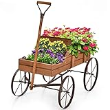 RELAX4LIFE Blumenständer mit 4 Rädern aus Metall, Pflanzwagen aus Massivholz, Holzwagen bis zu 15 kg belastbar, Blumenkasten für Garten & Balkon & Terrasse, Blumenwagen Bollerwagen Deko (Braun)