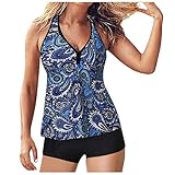 Fossean Tankini-Badeanzug für Damen, klassisches Damen-Bikini-Set, Bauchkontrolle, Übergröße, Oberteil mit Shorts, zweiteiliger Badeanzug Gr. S, dunkelblau
