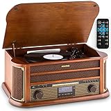 Auna Retro Plattenspieler & DAB-Radio, mit Lautsprecher, Schallplattenspieler im Vintage Design, Schallplatten Vinyl Record Player mit 3 Geschwindigkeiten, AUX- und USB-Anschluss