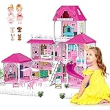 deAO Puppenhaus Traumvilla 3 Etagen Dollhouse mit Möbeln und Zubehör, Spielset mit 2 Puppen, Rutschen, Treppen, 4 Zäune Puppenhund, Puppenhaus Geschenk für 3+ Jährig(52 * 83 * 63CM)