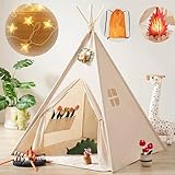 Tiny Land Tipi Zelt für Kinder mit Lichtern & Lagerfeuer Spielzeug & Tragetasche, Waschbar Kinderzelt für Drinnen, Tipi Zelt Kinderzimmer, Spielzelt für Mädchen & Jungen