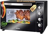 Minibackofen 60 Liter 2000 Watt Mini-backofen mit Umluft, Mini Backofen mit Luft-isoliertem Gehäuse, Krümelblech, XXL Minibackofen mit Drehspieß, Ofen mit Licht, Pizzaofen, Backofen für Camping