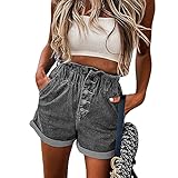 LAEMILIA Damen Jeans-Shorts mit hoher Taille, Knopfverschluss, gerollt, Blau, Jeans-Shorts, dehnbar, lässige Hotpants, grau, 36