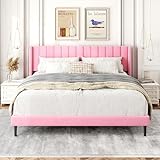 Gruwans Gepolstertes Bettgestell für Kingsize-Bett, mit Flügel-Kopfteil, kein Boxspringbett nötig, Holzlattenstütze, einfache Montage, Rosa
