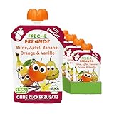 FRECHE FREUNDE Bio Quetschie Birne, Apfel, Banane, Orange & Vanille, Fruchtmus mit Obst im Quetschbeutel für Babys ab dem 6. Monat, vegan, 6er Pack (6 x 100g)