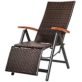 tectake® Alu Polyrattan Gartenstuhl mit Armlehnen, Campingstuhl mit 6-Fach Verstellbarer Rückenlehne, klappbar, Relaxsessel mit Liegefunktion, wetterfest, Klappstuhl mit Fußablage - braun