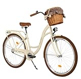 MILORD Damenfahrrad Citybike Komfort Mit Weidenkorb Vintage Fahrrad, 26, 28 Zoll, 1-Gang (Braun-Creme, 28 Zoll)