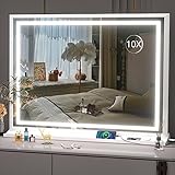 Vosuja Kosmetikspiegel mit Lichtern, 81,3 x 61 cm, LED-Make-up-Spiegel, beleuchteter Spiegel mit 10-facher Vergrößerung, 3 Farbmodi, Touch-Steuerung, USB-Ladeanschluss, Typ-C, Weiß