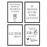 WBdesignz 4er Bilder Set Küche - Lustige Bilder für die Küche - Küche Poster Witzig Wanddeko Bilderset Kaffee Wein Nudeln Spruch (DIN A4 ohne Rahmen)