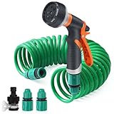 Flexibler Gartenschlauch, 7.5M Spiralschlauch Komplett Set mit 8 Funktions Brause, Handbrause Garten Brausekopf Gartenbewässerung für Autowäsche, Haustierdusche, Gartenarbeit
