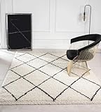 the carpet Bahar Shaggy Hochflor (35 mm) Langflor Wohnzimmer Teppich Rauten Muster Creme-Schwarz 160x230 cm