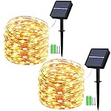 Geemoo 2 Stück Solar Lichterkette Aussen 2x15M 150 LED, Solar Weihnachtsbeleuchtung Außen Wetterfest, Solar Kupferdraht Lichterkette Warmweiß, 8 Modi Solarlichterkette für Weihnachten Garten Terrasse