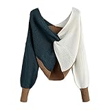 ZAFUL Damen Pullover Elegant V Ausschnitt Langarm Strickpullover Farbblock Kurze Oberteile with Geknoteter M