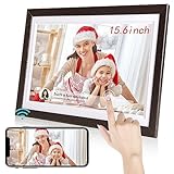 BYYBUO 15,6 Zoll WLAN Digitaler Bilderrahmen, 1366 x 768 IPS Touchscreen Digitaler Bilderrahmen, 32G-Walnuss, Teilen Sie Fotos oder Videos über die Frameo APP