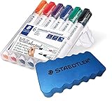 Staedtler Lumocolor 351 WP6 Whiteboard-Marker, Rundspitze ca. 2 mm Linienbreite, Set mit 6 Farben (1 Etui + Whiteboardschwamm)