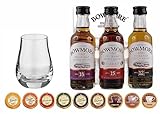 Bowmore 3 Miniaturen 12, 15, 18 Jahre Single Malt Whisky + 9 Edelschokoladen in 9 Geschmacksvaritionen + Spey Dram Glas