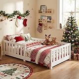 ecomi® Kinderbett 80x160 mit Rausfallschutz Bodenbett Kinder Bett mit Lattenrost für Kinder Kinderbetten für Mädchen und Jungen Massivholz Kiefer in Weiß