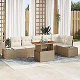 CongVVFV 7-TLG. Garten-Essgruppe mit Kissen Beige Poly Rattan Akazie, 6-Sitzer Modulsofa-Set für Terrasse Balkon Garten, Wetterfestes Outdoor-Sofa mit Stauraum und abnehmbaren Bezügen