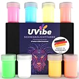 UVIBE Fluoreszierende Schwarzlicht Farbe - 8X Knallige Neon Farbe für Wände, Kunst und weiteres - Tag und UV Leuchtfarbe - UV Farbe für leuchtende Deko - Fluoreszierende Farbe Made IN Germany