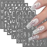 6 Blatt Nagelsticker Selbstklebend Silber Abstrakte Linie Nagel Sticker Nagelaufkleber Glitzer Aufkleber Nail Art Stickers Zubehör DIY für Damen Mädchen Weihnachten Nagelkunst Dekoration