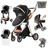 Prokoke Kinderwagen 3 in 1, Buggy mit Umkehrbarem Zwei-Wege-Schub, Kinderwagen mit Rahmen Aluminiumlegierung, Kombikinderwagen 3 in 1 mit Einem Klick Faltbar Baby Kleinkind Neugeborene (225 Black)