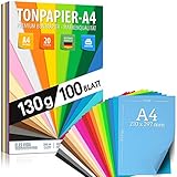 100 Blatt TONPAPIER - Buntes Papier DIN A4-130g/m² Set 20 Farben – Stabil Bastelpapier & Farbige Blätter, Kinder & DIY Bogen, Zubehör zum Basteln für Fotoalbum Geschenke zum Kreativ sein Bedruckbar