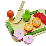 Mia's Spielzeug Schneidebrett Set mit 5 schneidbaren Früchten und Messer aus Holz - Obst schneiden mit Befestigungslaschen - Holzobst / Holzspielzeug / zum Schneiden üben / teilbar